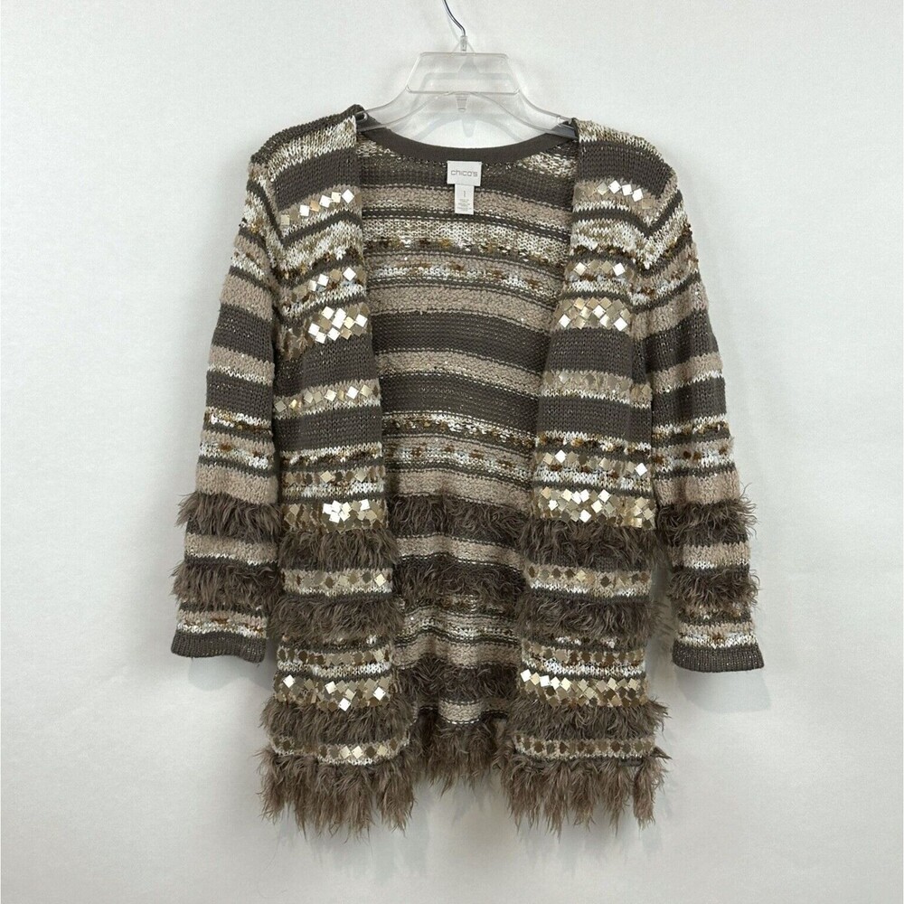 Chico's Brown and Cream Striped Open-Front Cardigan
